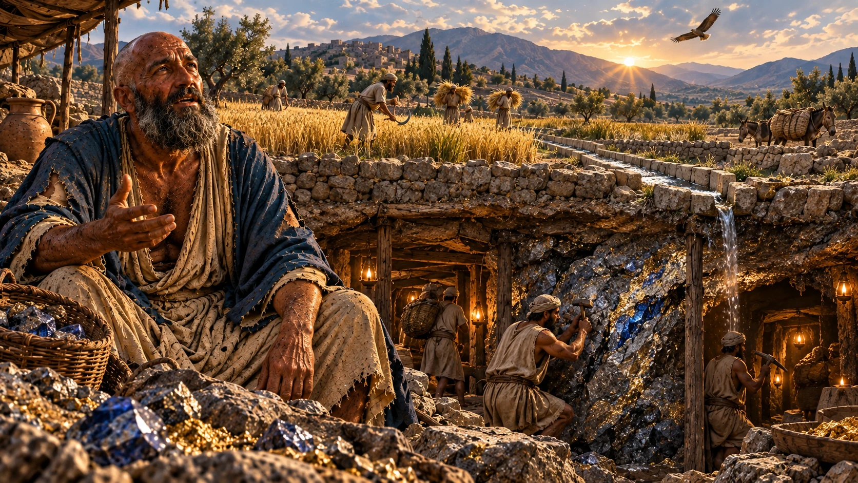 Job describes mines beneath fields and hidden stone brought into light.