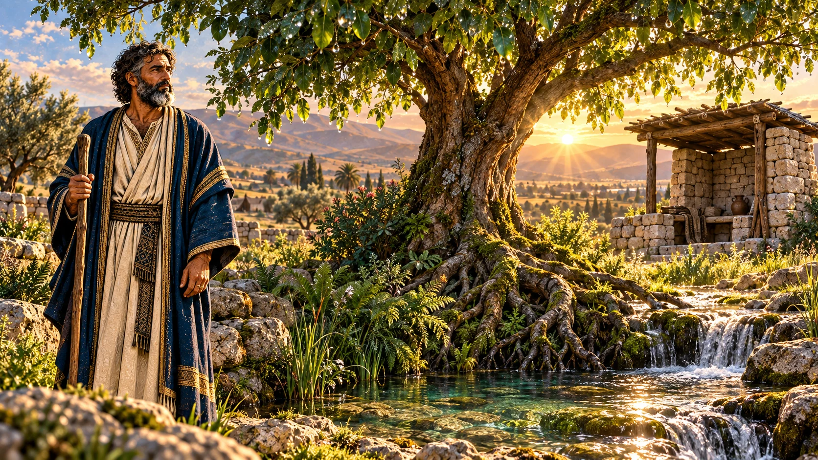 Healthy Job stands beside a flourishing tree rooted near water.