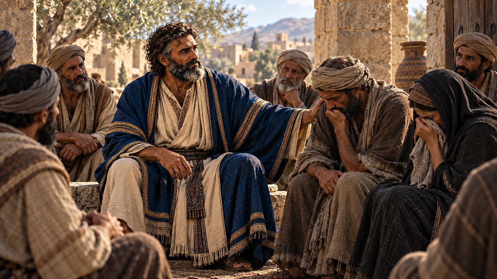 Healthy Job comforts adult mourners within a modest council circle.