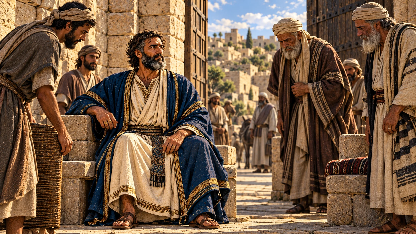 Healthy Job sits modestly at a city gate while elders stand nearby.