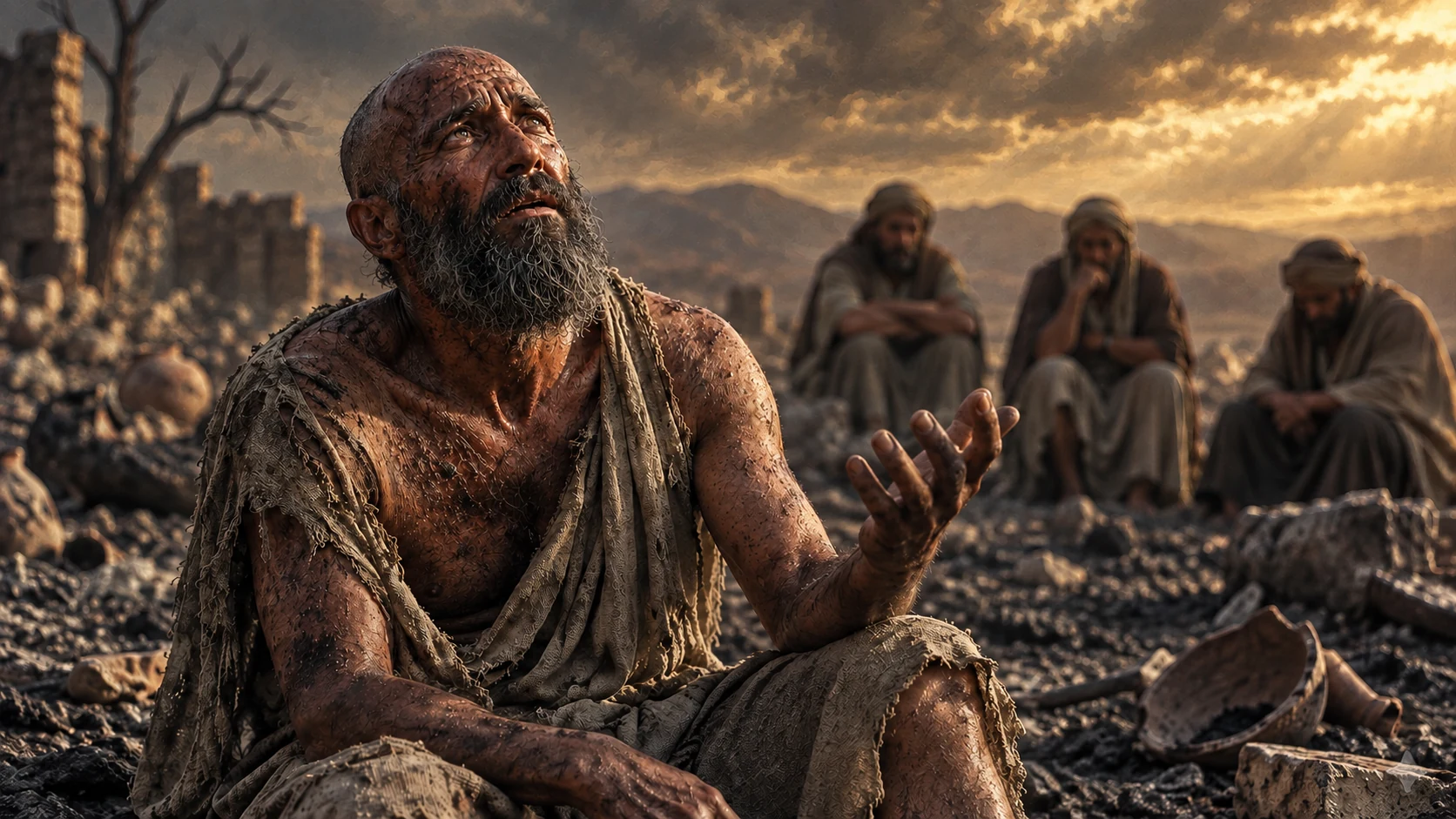 Shaven-headed Job lifts a hand as he begins his lament, with three silent friends behind him.