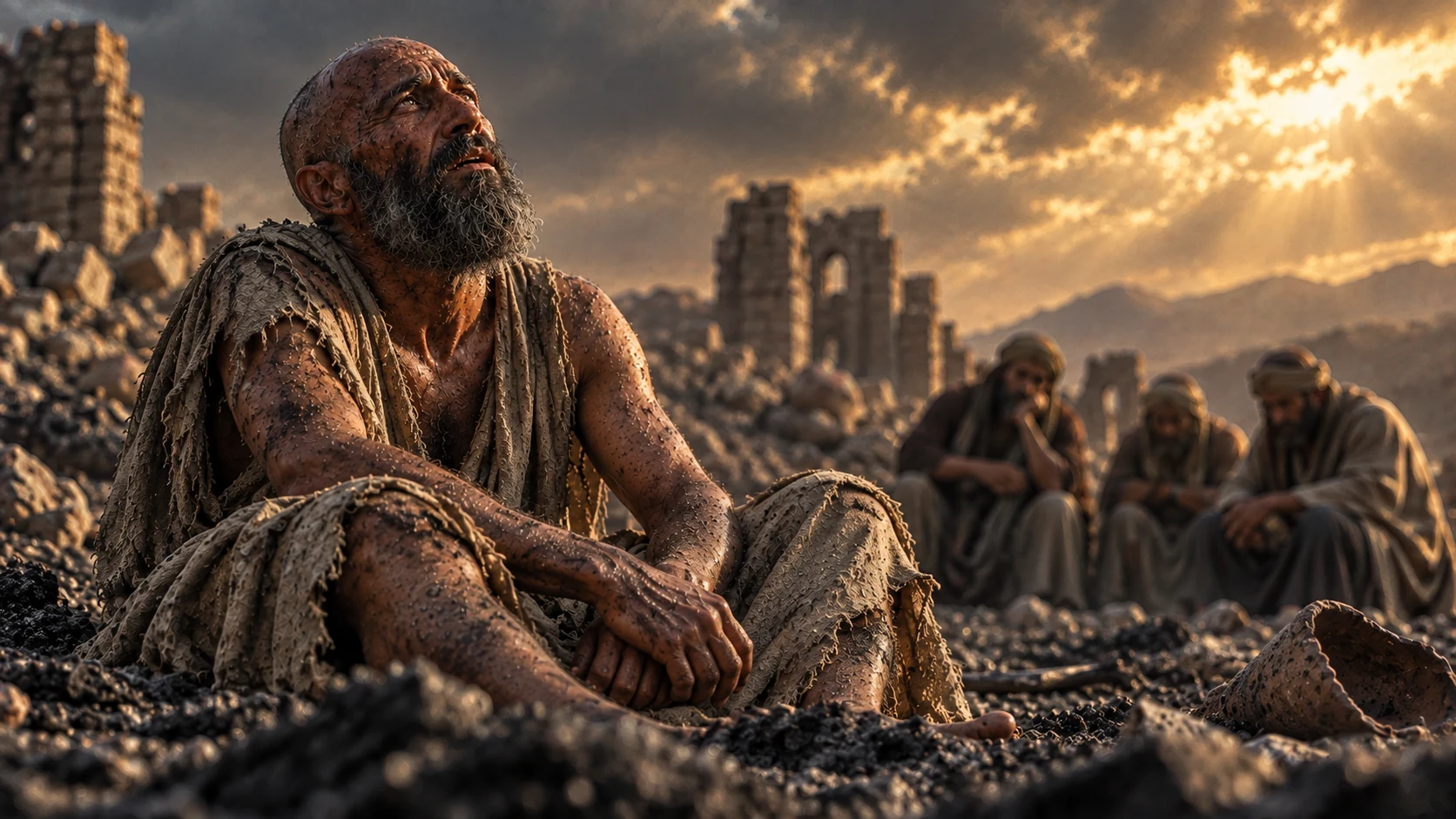 Job sits among ruined stones and looks upward while questioning why his life began.