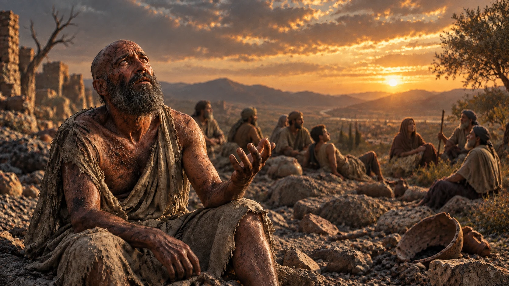 Job grieves in the foreground; distant people rest together at twilight in a symbolic visual essay.