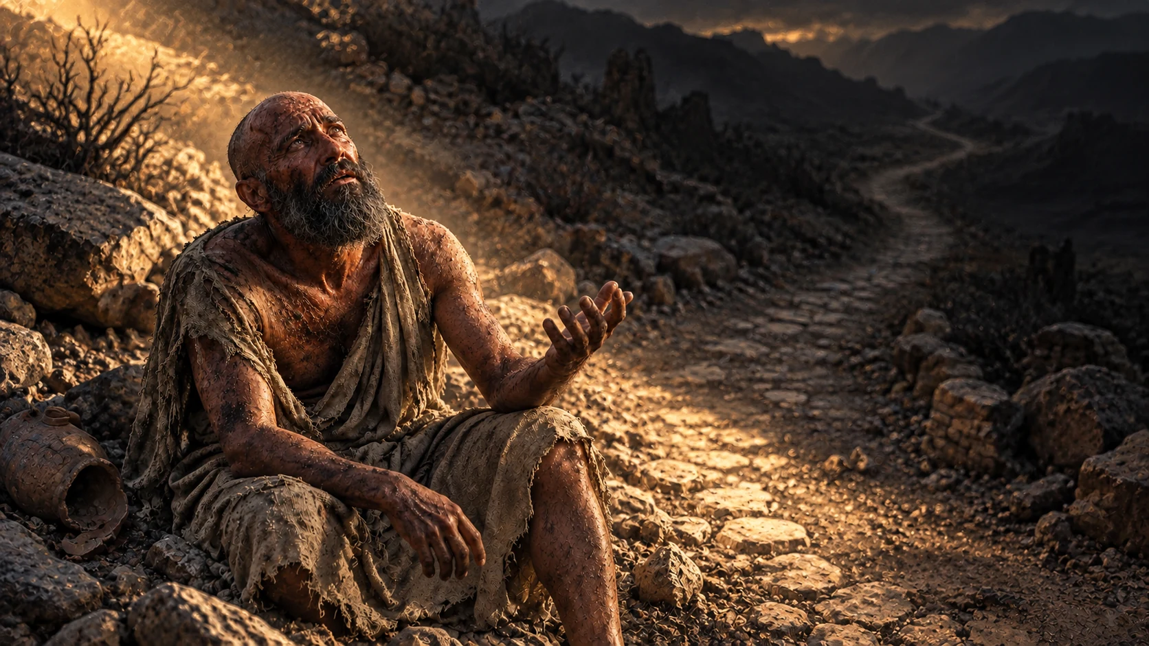 Job sits by a path fading into shadow, questioning why light is given to those in misery.