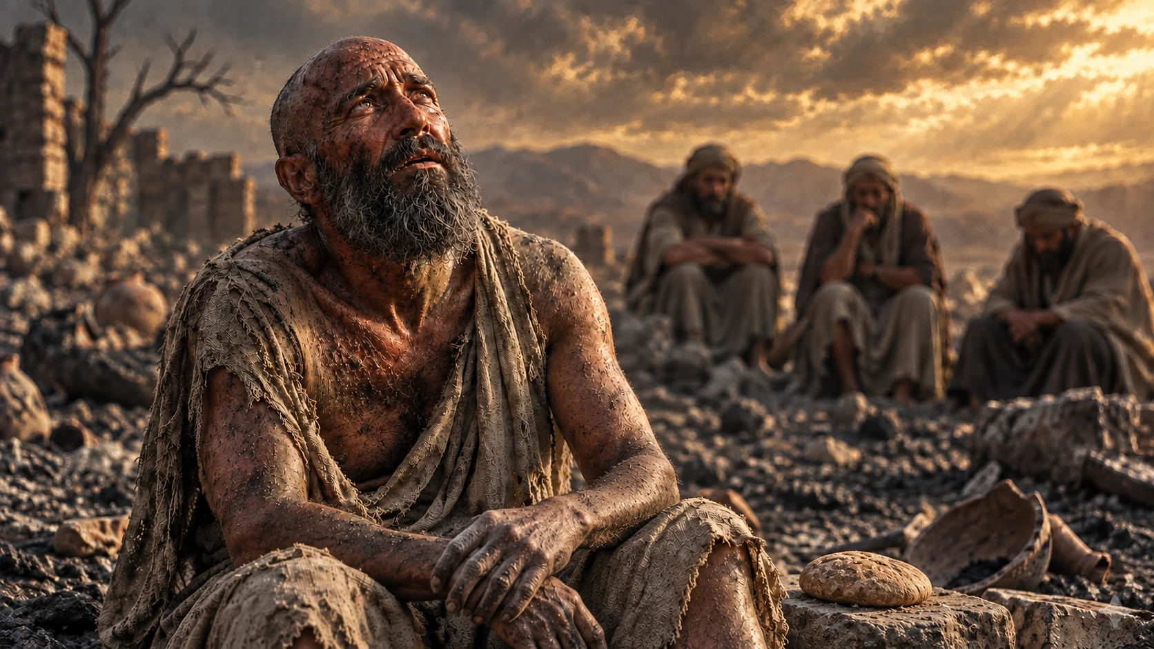 Job sits exhausted among ashes with bread beside him while his three friends remain silent in the distance.