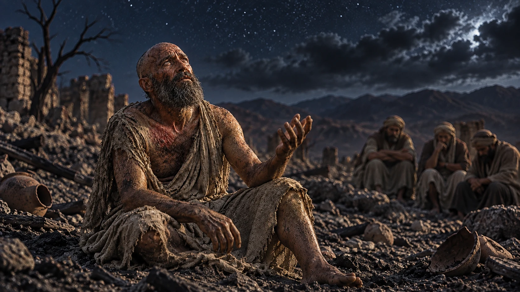 Job under a dark starry sky as his lament imagines the day of his birth without light.