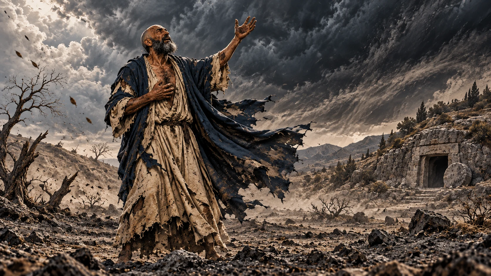 Job raises one hand in prayer beneath a natural windstorm.