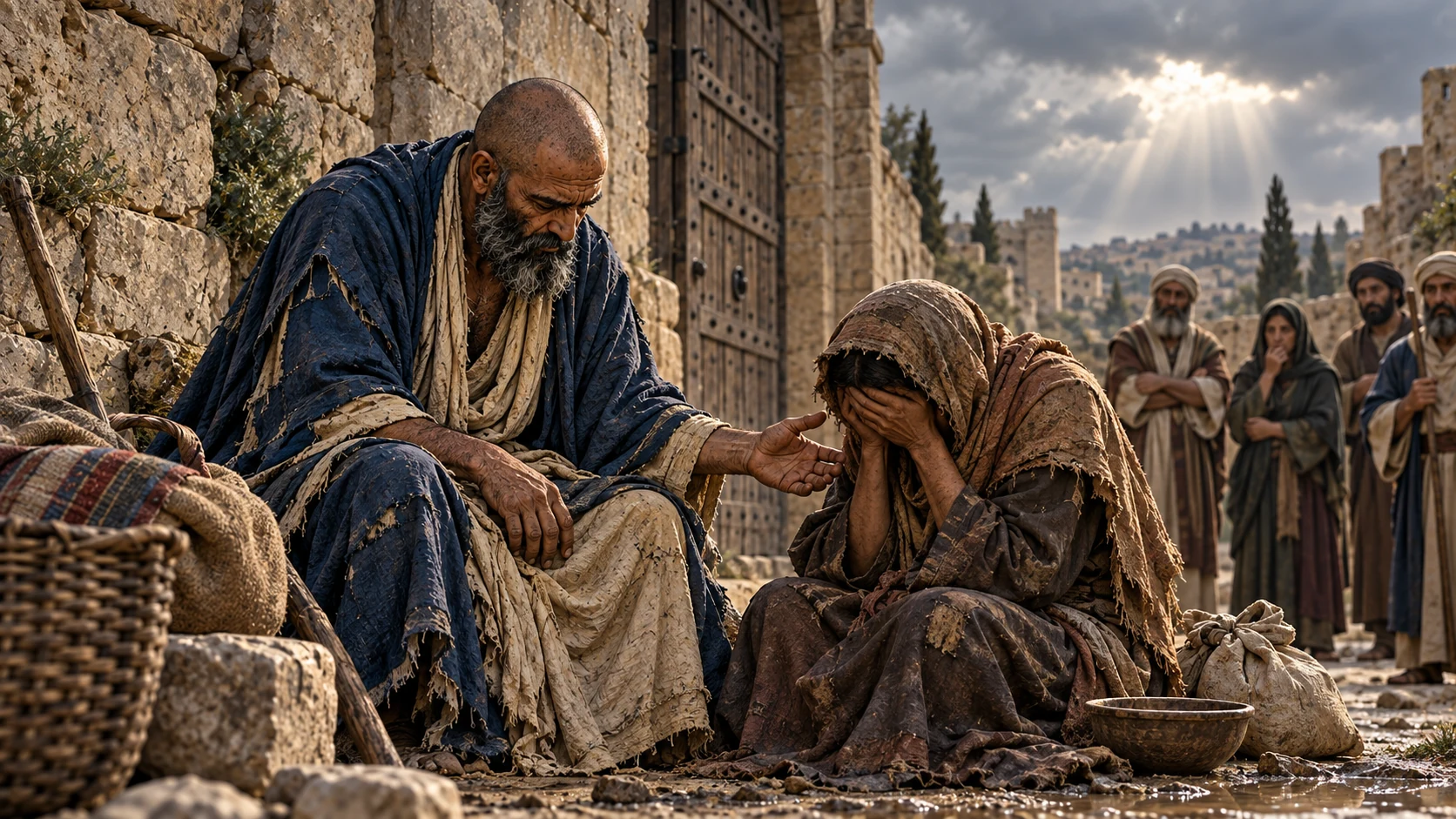 Job extends compassion to a grieving poor person near the city gate.