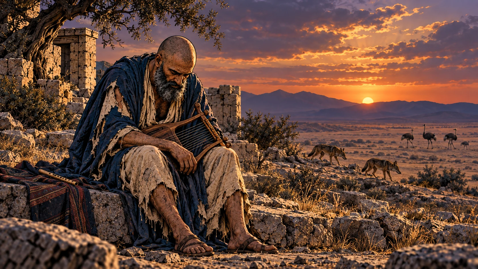 Job sits beside a silent lyre while desert animals cross far away.