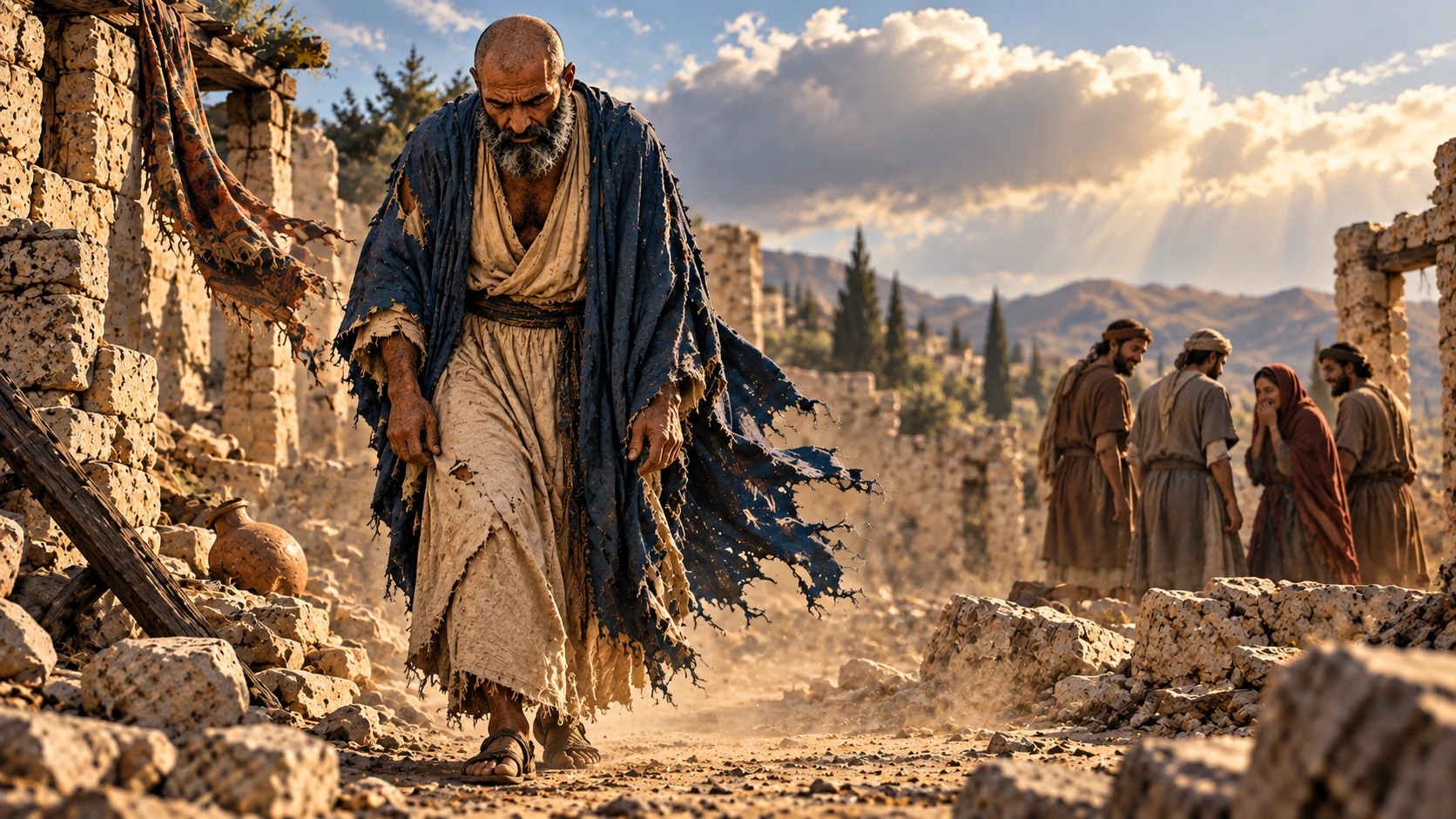 Job walks through ruins while a distant group murmurs.