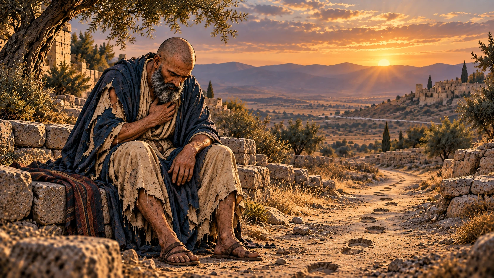 Job bows beside a path whose footprints disappear toward dawn.