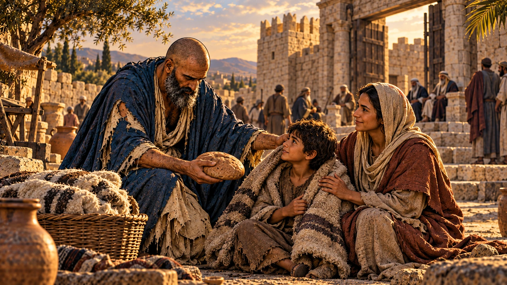 Job shares bread and a wool covering with a widowed mother and child near the gate.