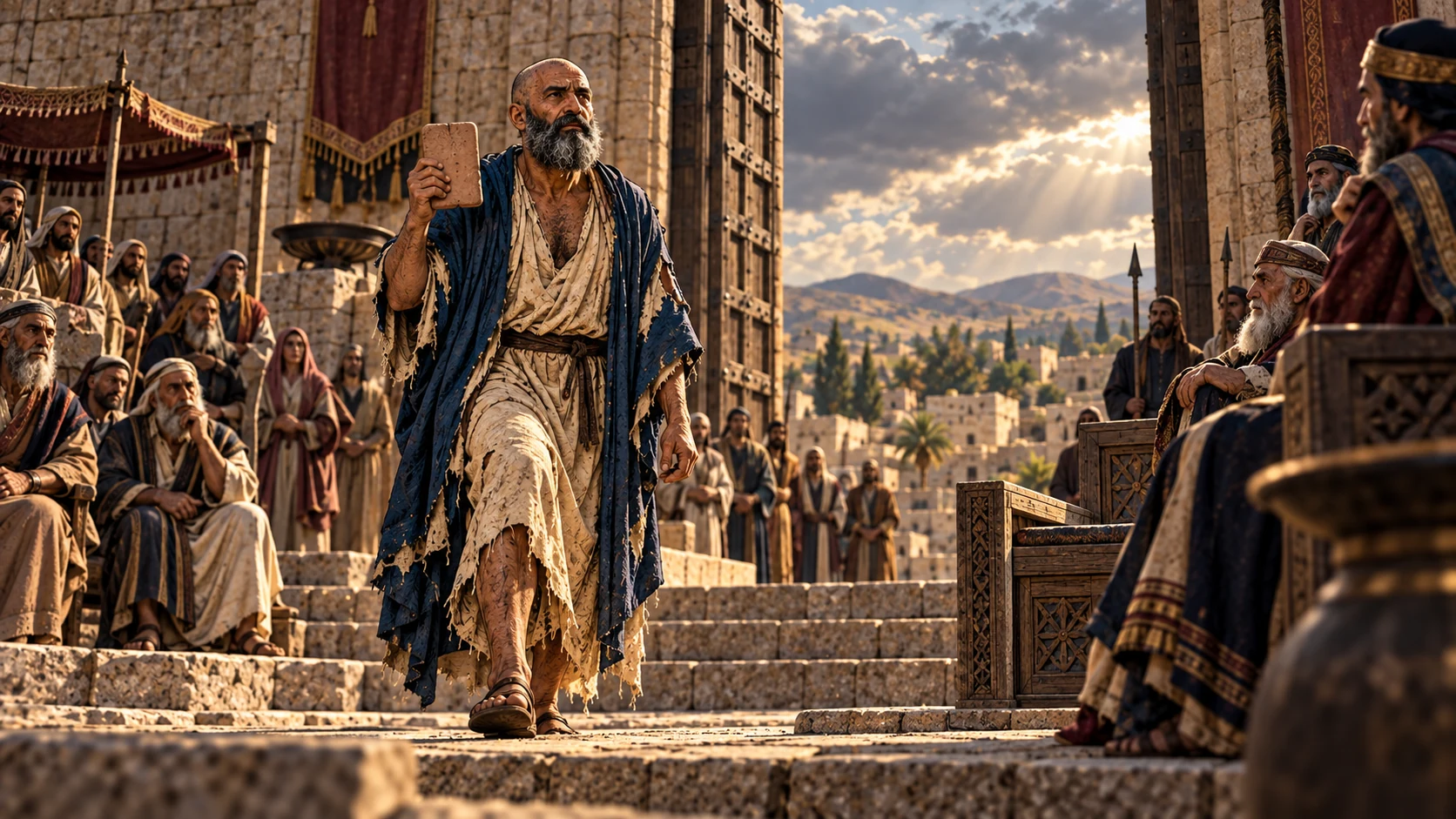 Job carries a blank clay tablet into the gate court before silent witnesses.