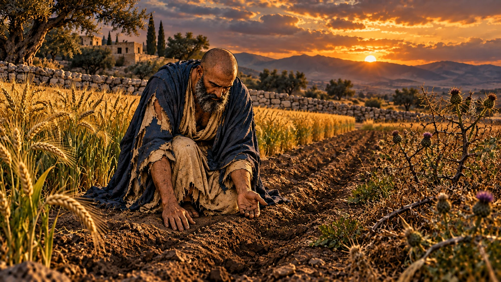 Job examines furrows between healthy grain and a patch of thorns.