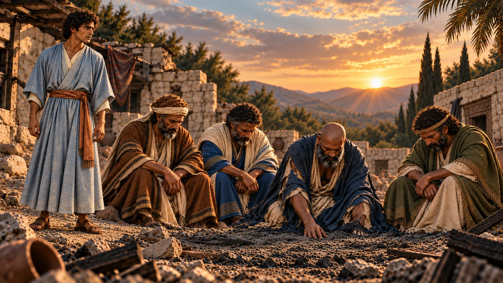 Elihu stands apart while Job and the three older friends sit in exhausted silence.