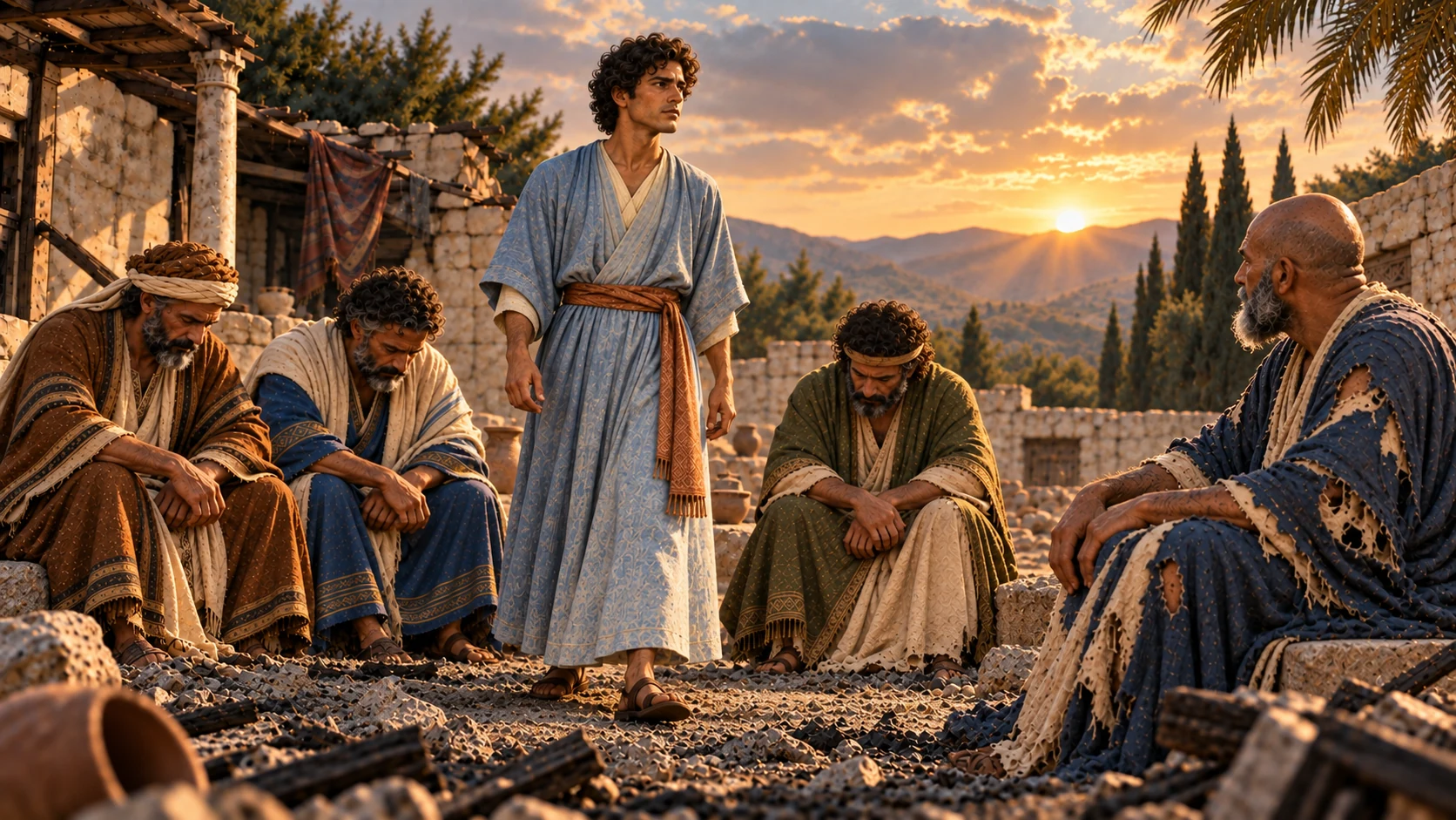 Elihu rises as the three older friends fall completely silent.