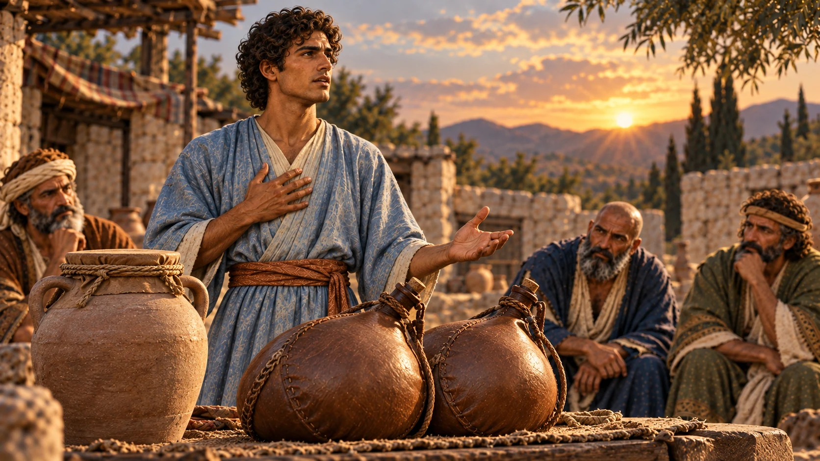 Elihu draws breath beside intact taut wineskins and a sealed clay jar.
