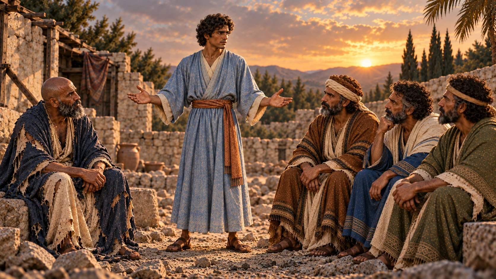 Elihu holds open hands evenly toward Job and the three friends.