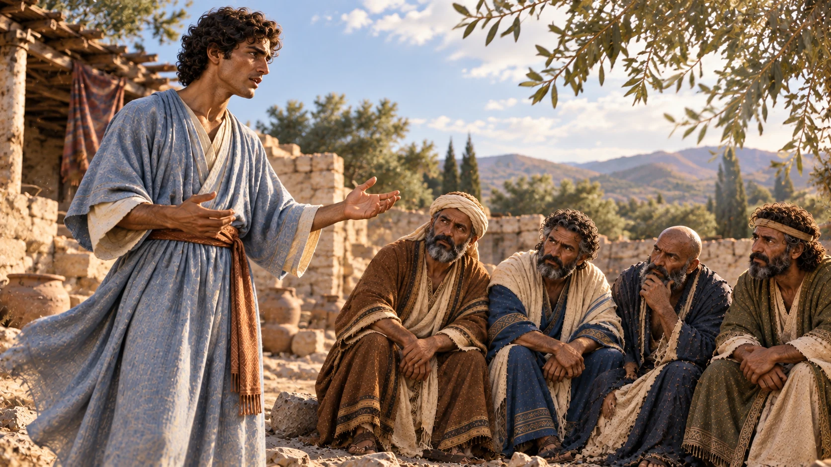 Elihu speaks respectfully to the seated elders as a natural breeze stirs his robe.