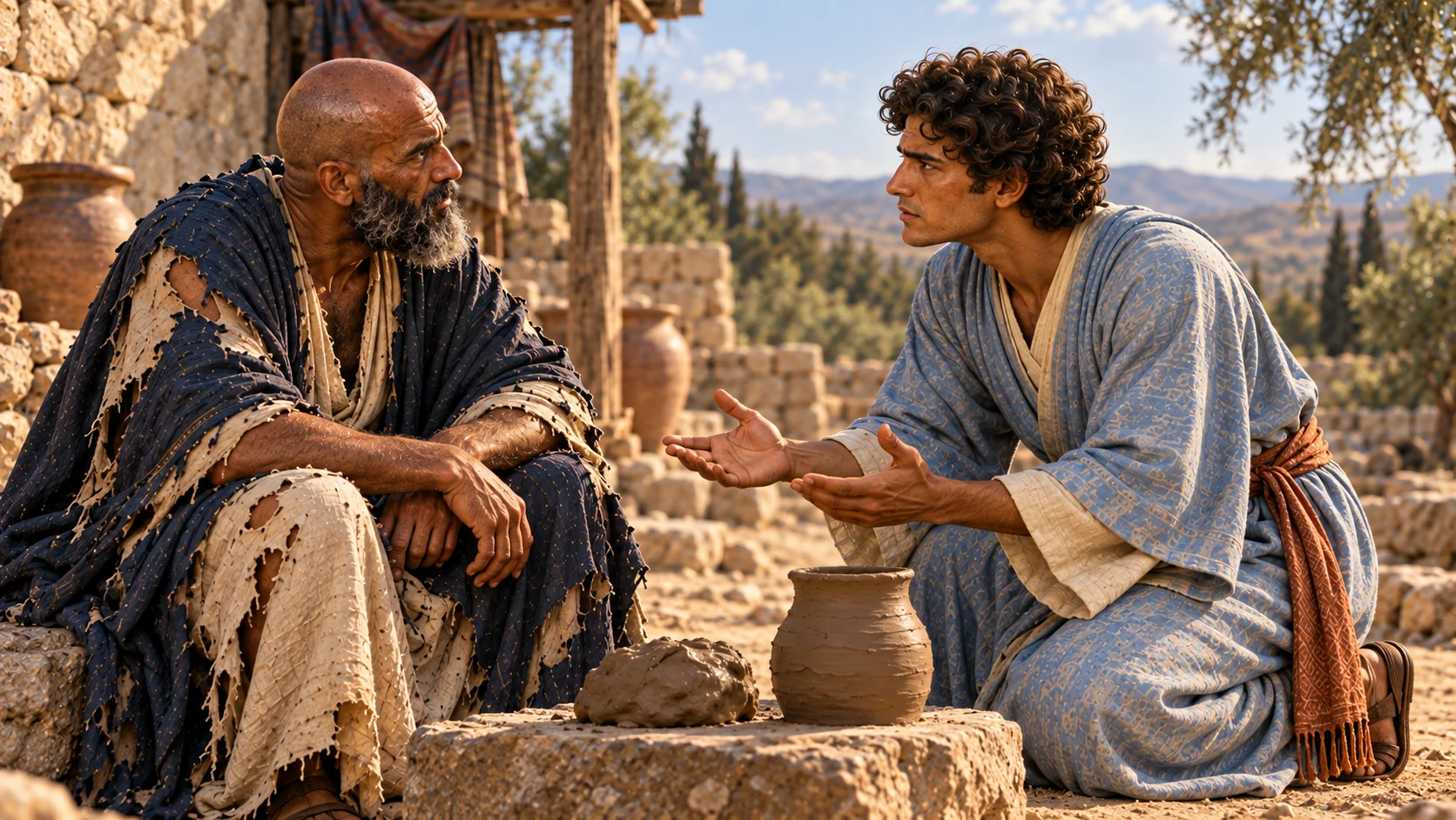 Elihu kneels at Job’s eye level beside an unfinished clay vessel.