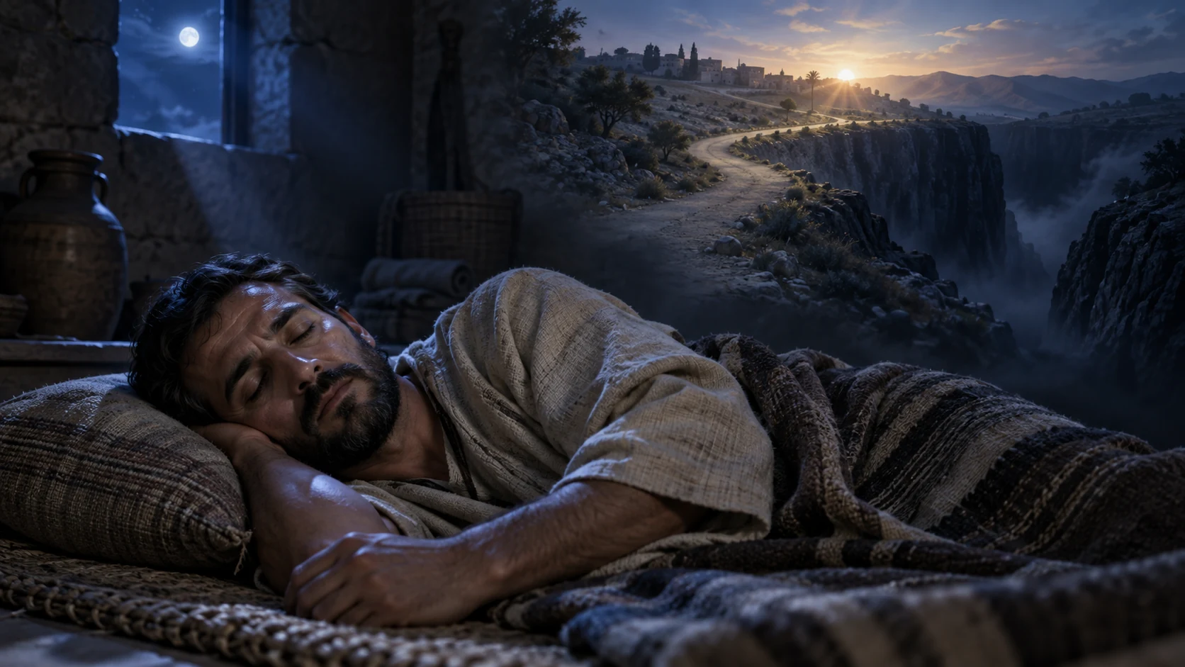 An anonymous traveler sleeps as a dreamlike road turns safely away from a ravine.