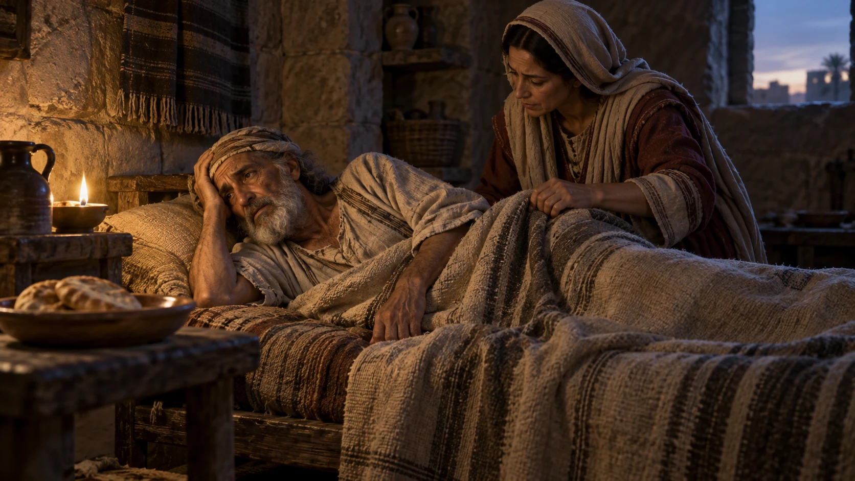 A caregiver tends an anonymous elderly patient who turns from untouched bread.