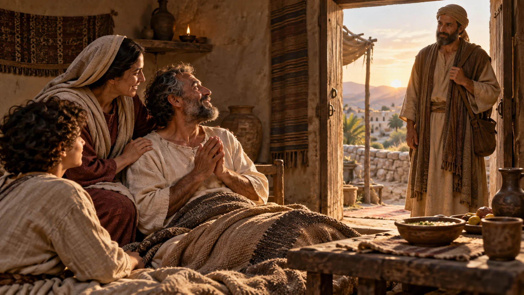 A recovering patient prays with family as an ordinary messenger stands at the doorway.