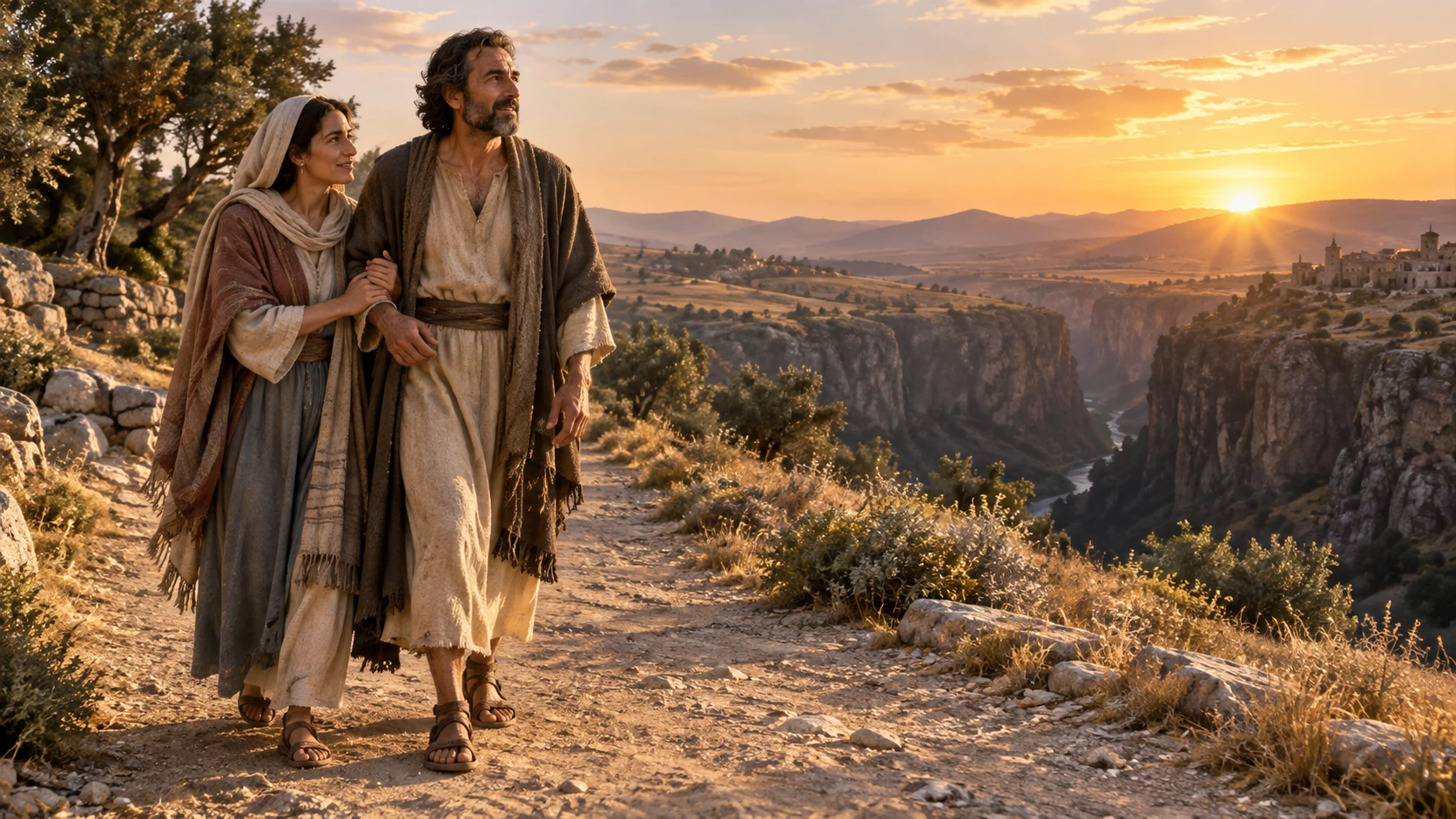 A recovering couple walks a safe path at sunrise above a distant ravine.