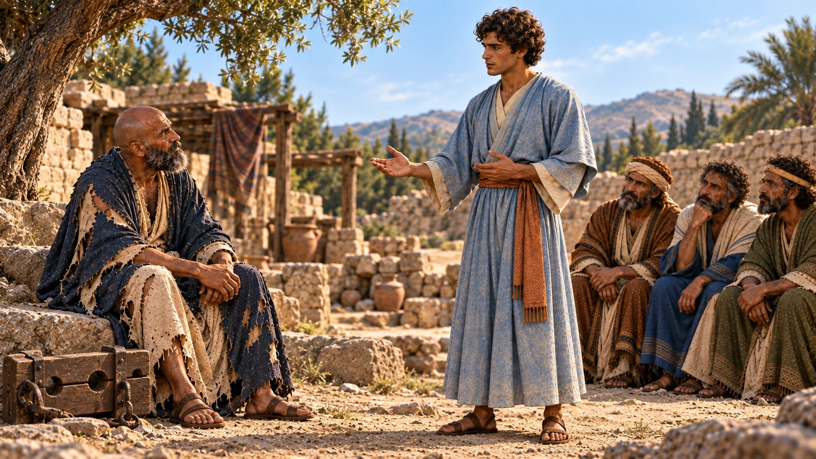 Elihu speaks carefully while an unused wooden restraint lies beside Job’s free feet.