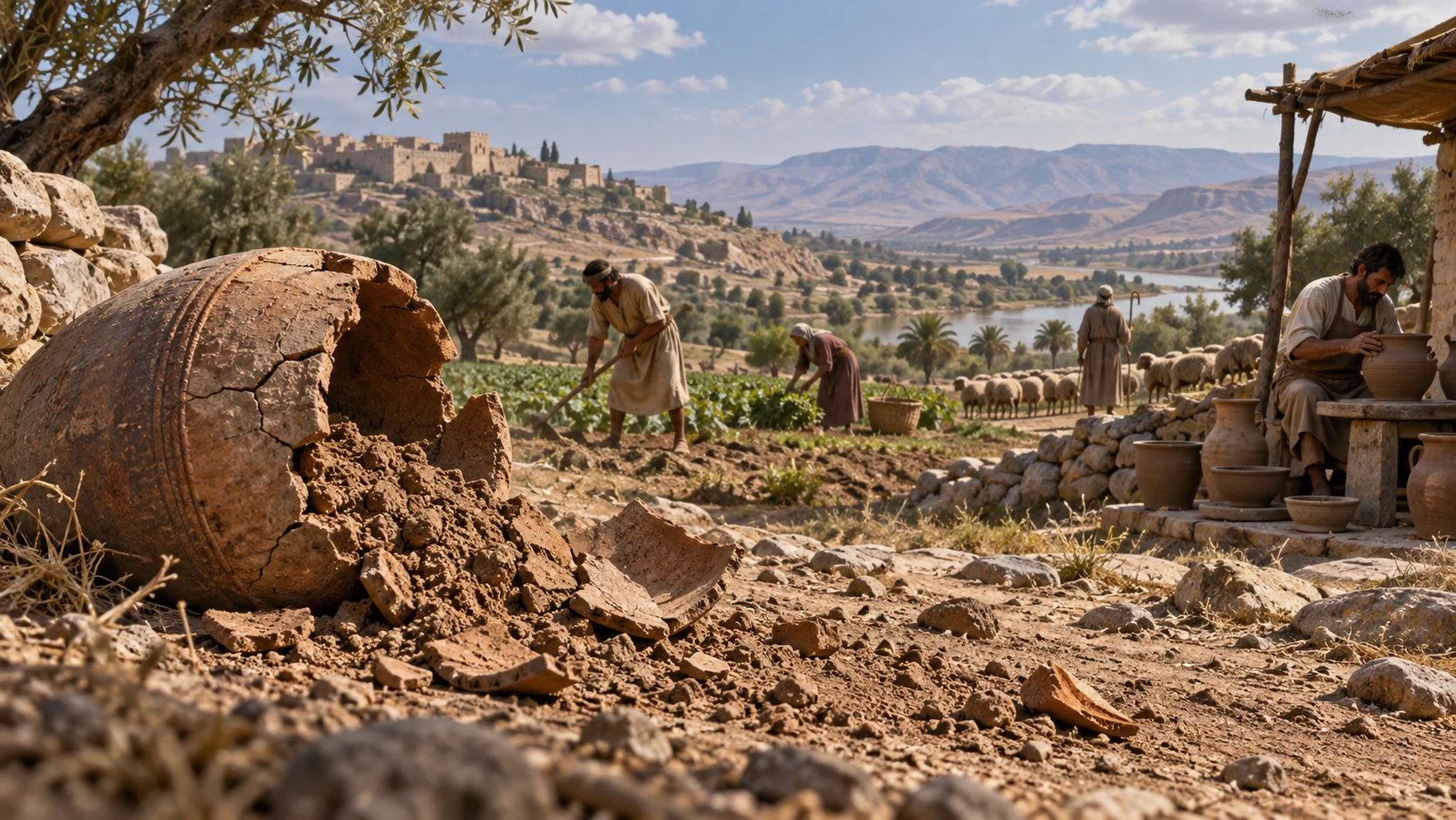 Ordinary workers labor beneath one sky beside a clay vessel returning to earth.