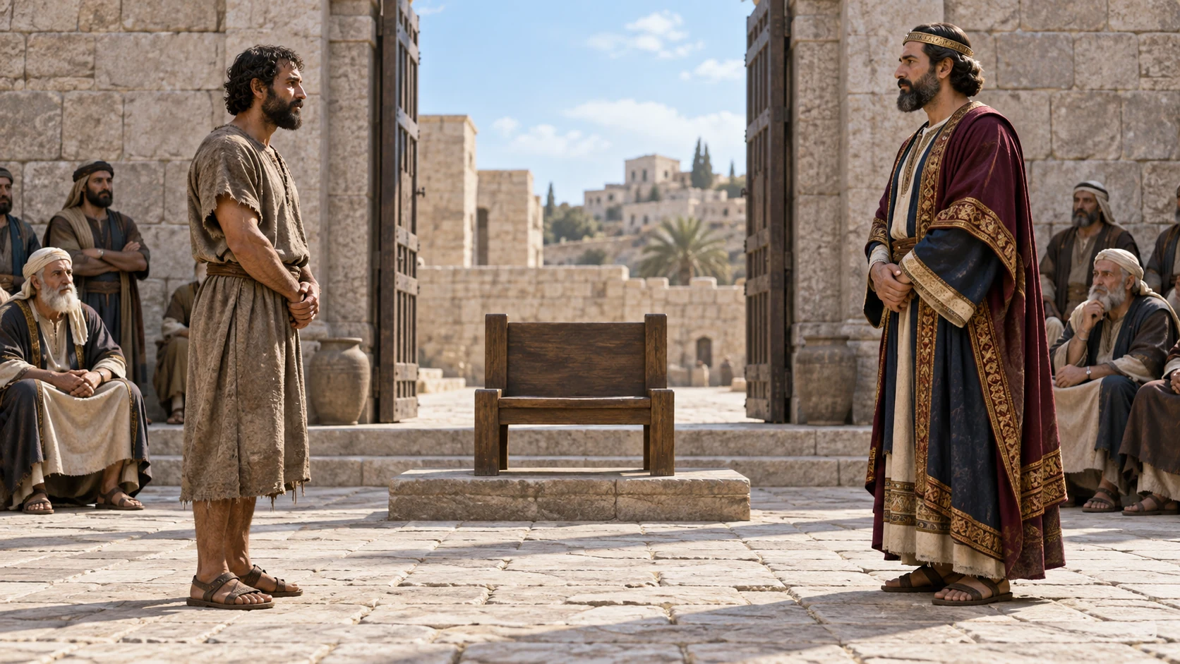 A laborer and noble stand equally before an empty judgment seat.