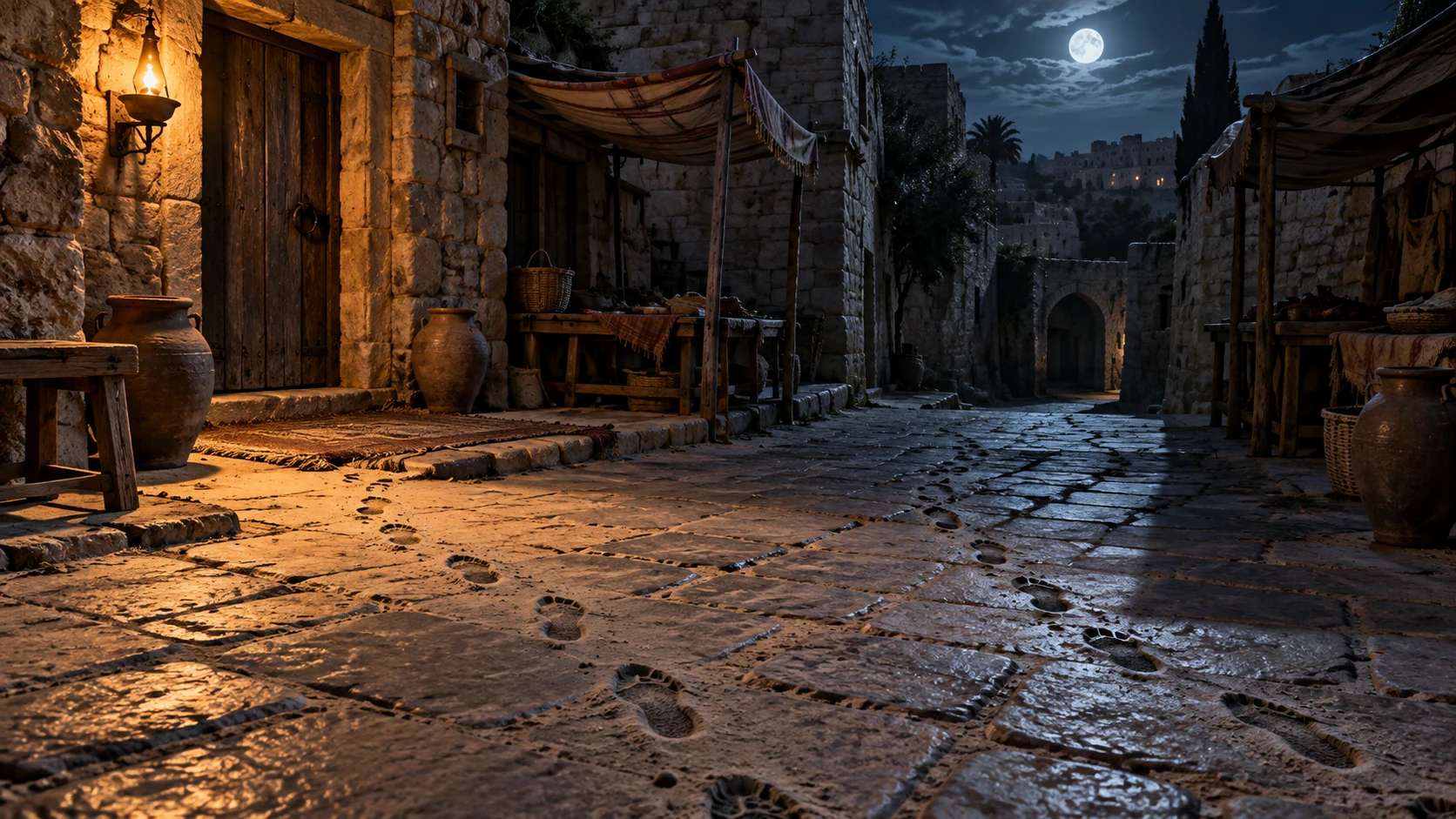 Footprints remain visible across a moonlit street and its shadowed alleys.