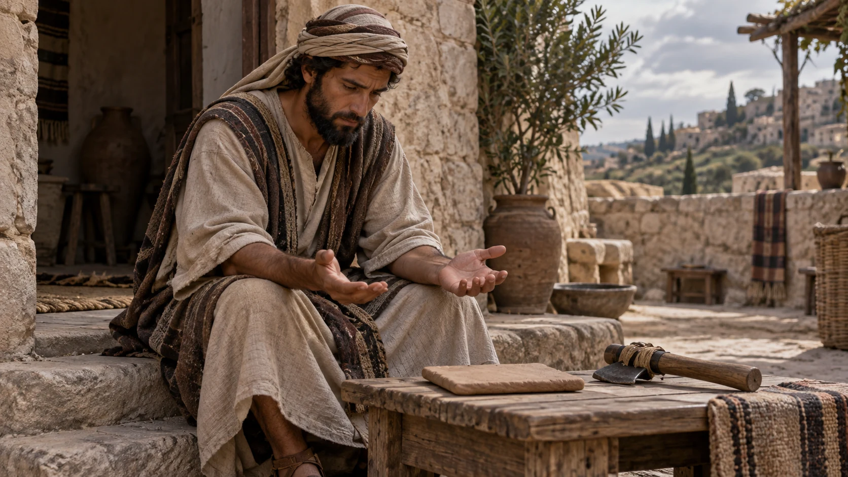 An anonymous adult reflects with open hands beside a blank tablet and repaired tool.