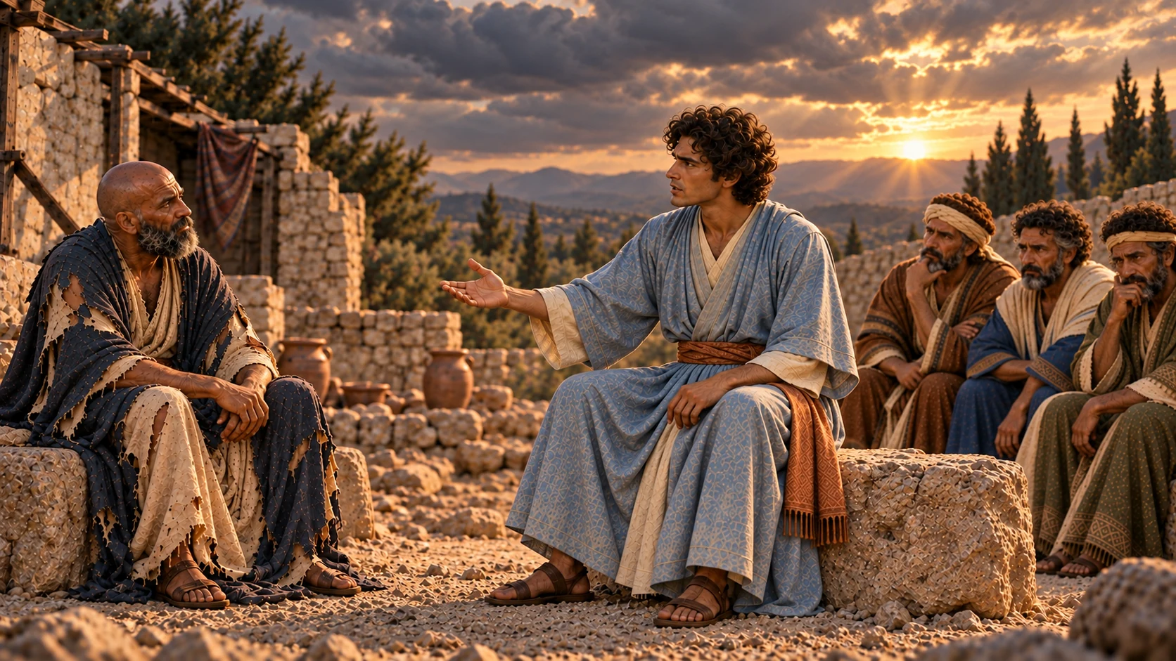 Elihu gestures firmly while Job remains dignified and the friends look uneasy.