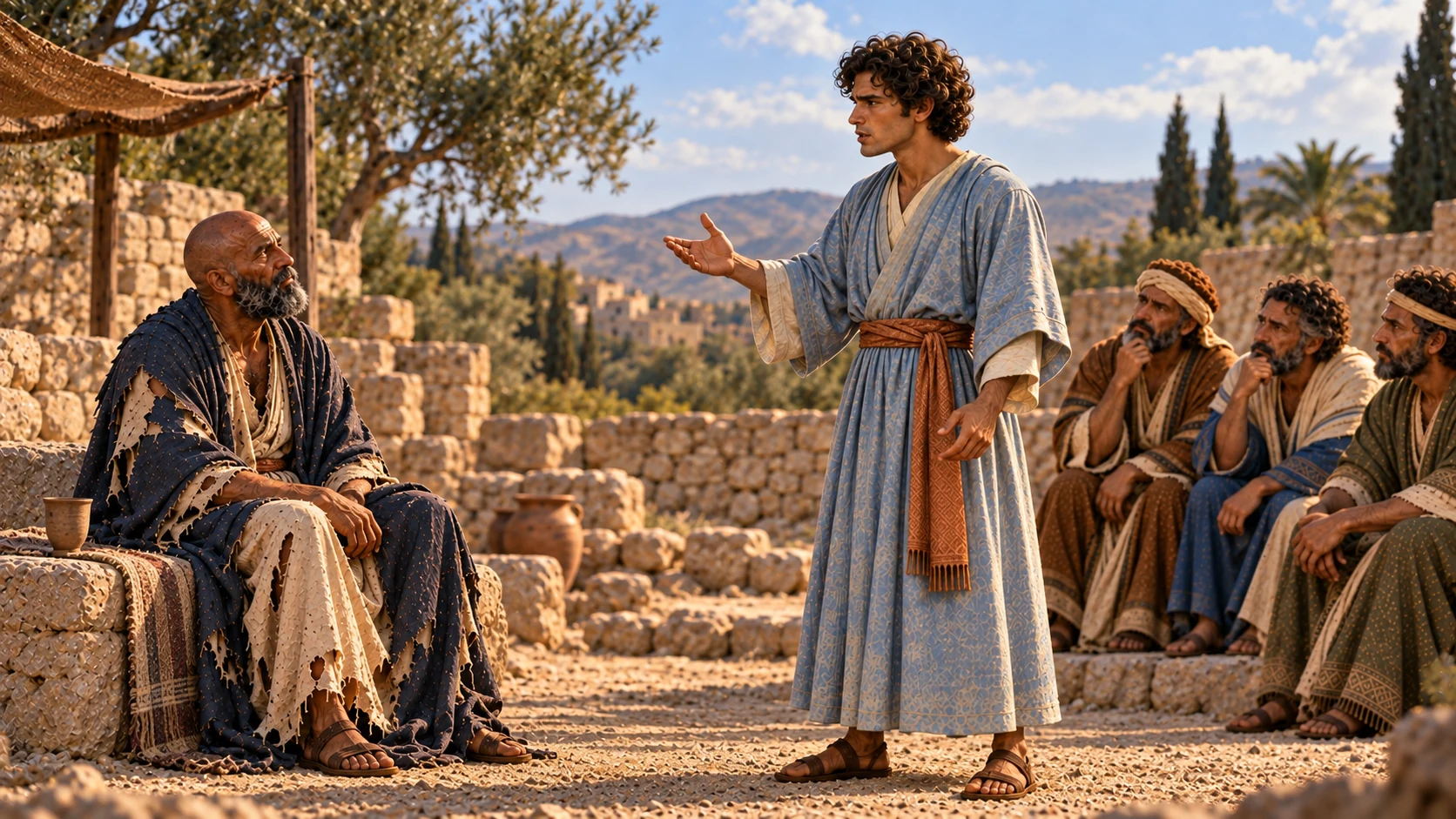 Elihu speaks with controlled intensity while Job listens beside an untouched cup.