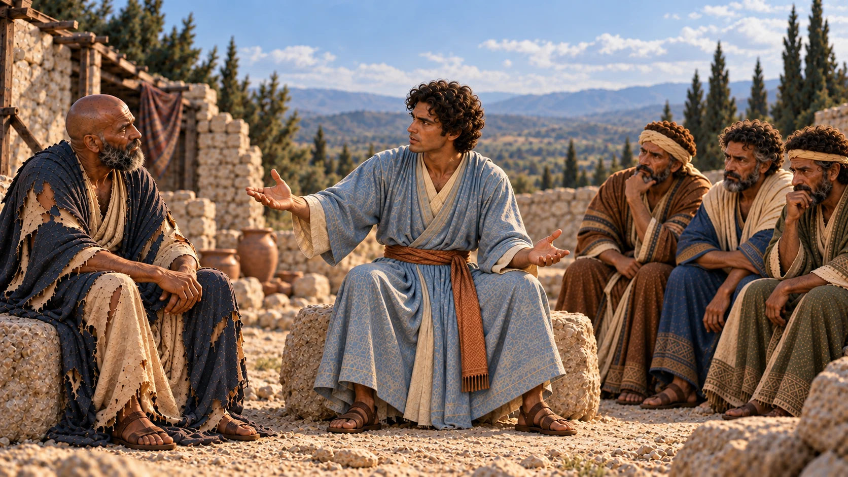 Elihu questions Job before the listening circle without hostility.