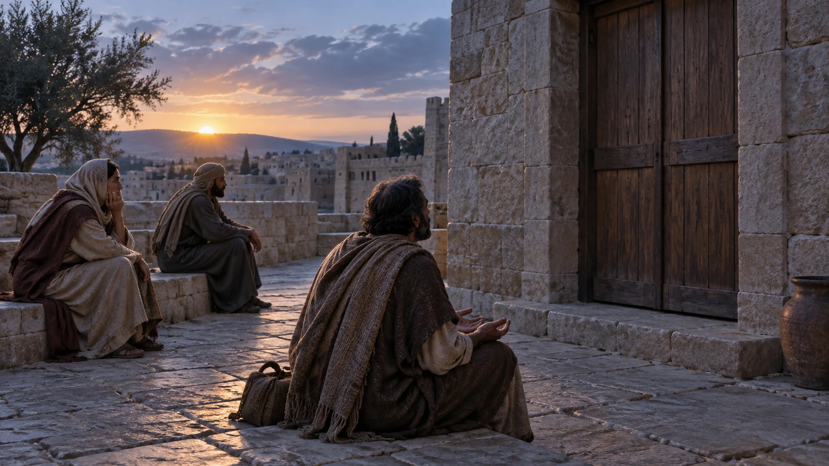 Three anonymous petitioners wait patiently outside a plain closed chamber door at dawn.