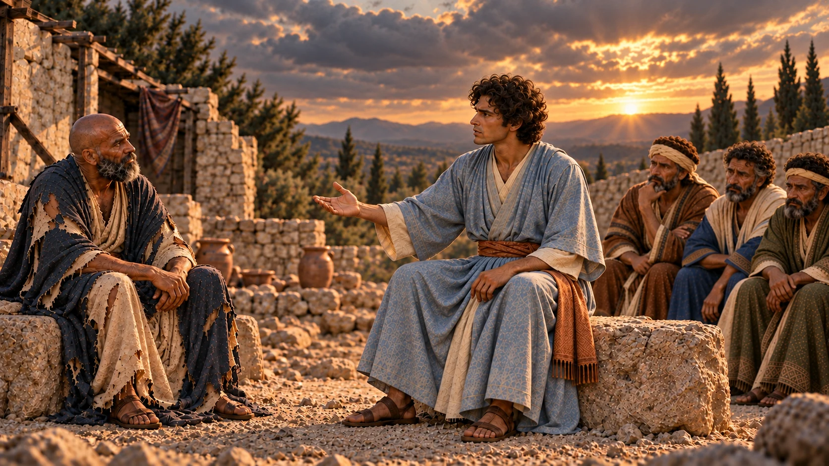 Elihu finishes firmly while Job remains dignified and the friends look uncertain.