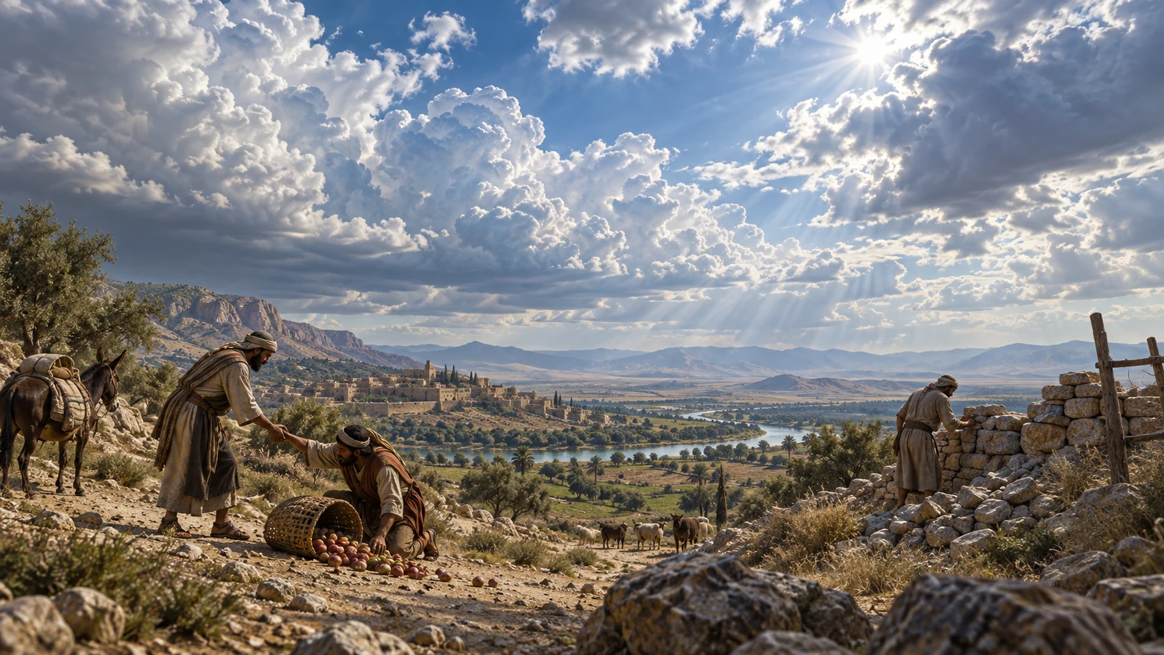 Travelers help one another beneath high clouds while another repairs a wall.