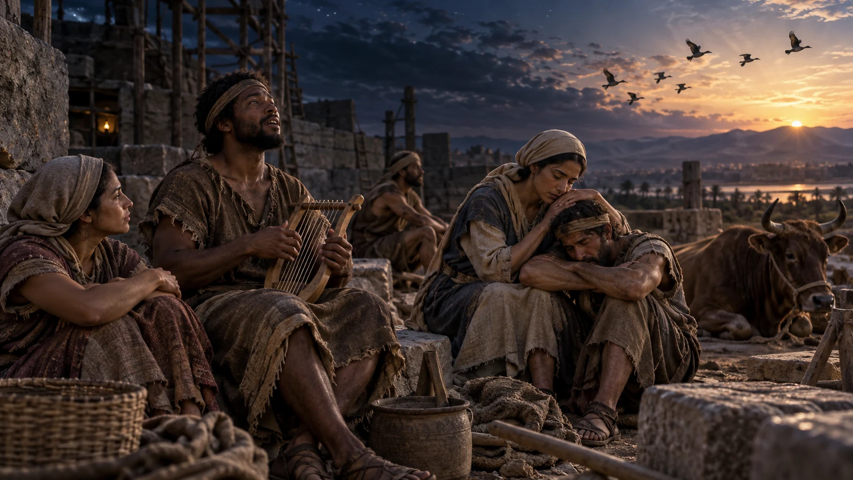 Exhausted laborers comfort one another as one sings beneath birds crossing dawn.