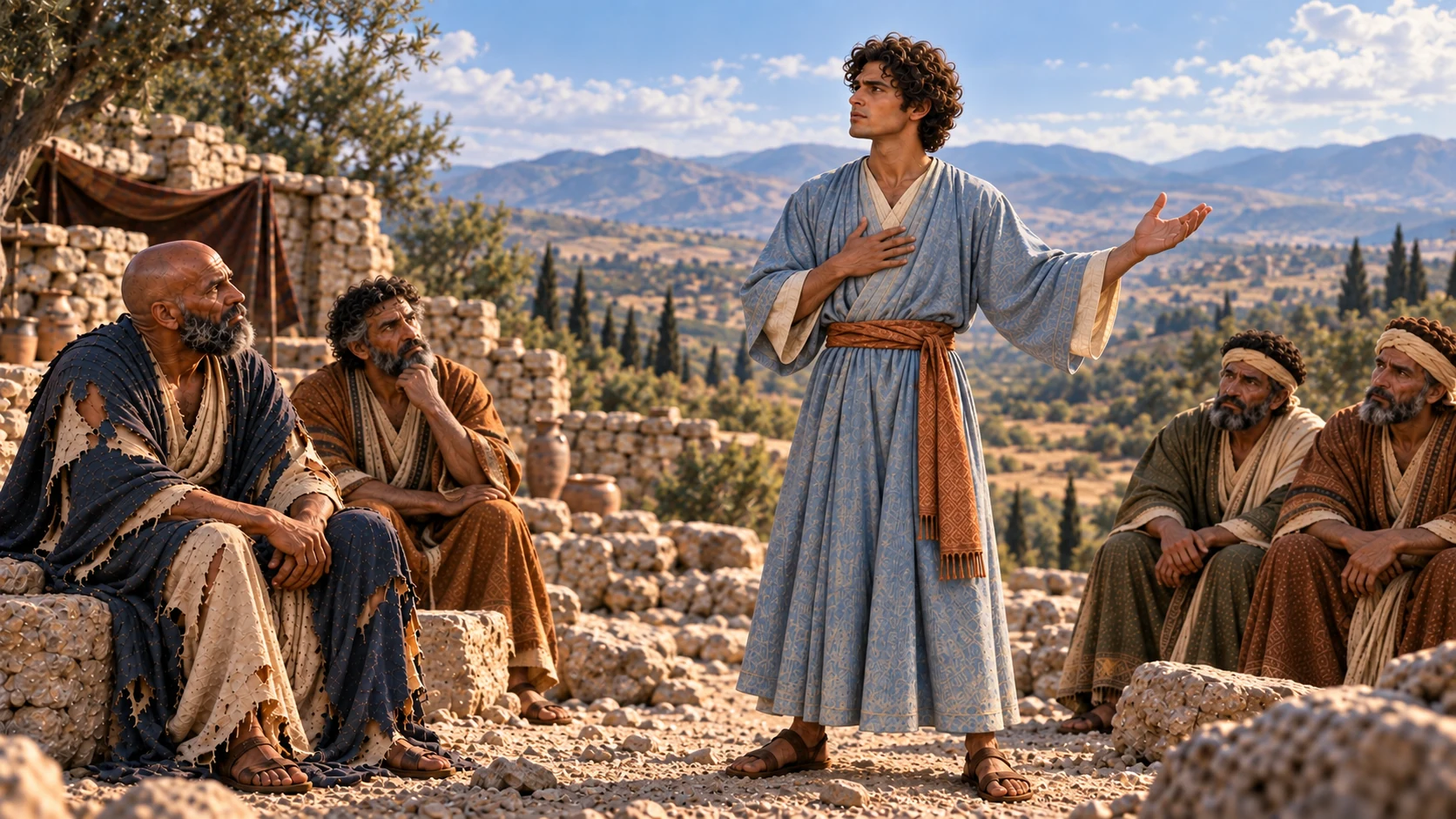 Elihu stands to continue his argument before Job and the three listening friends.