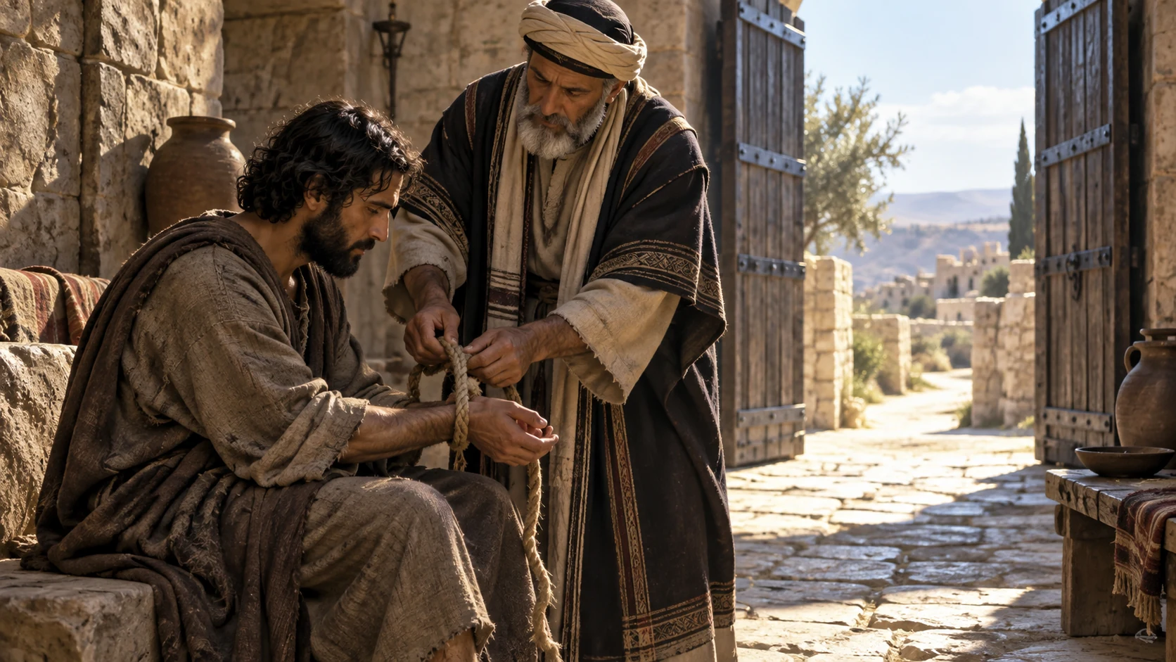 An older man gently binds the wrist of a poor, exhausted man beside an open gate.