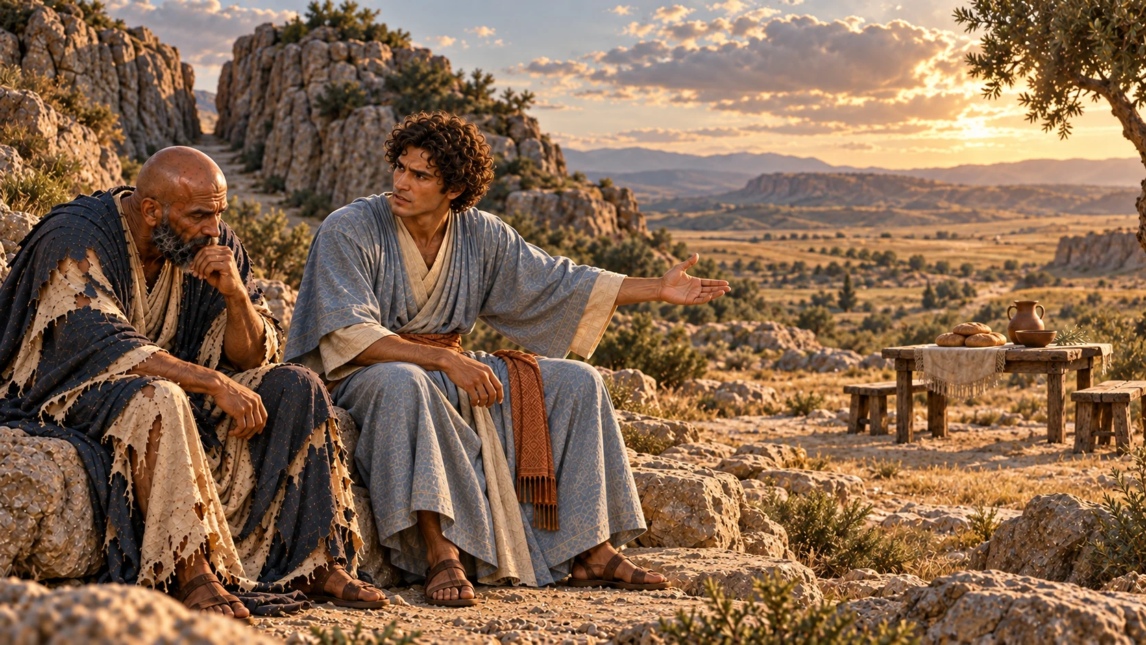 Elihu counsels Job at sunset while the listening circle remains quiet.