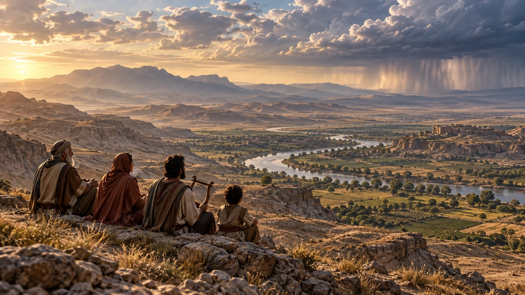 Travelers overlook a broad river valley and distant rain beneath a luminous sky.