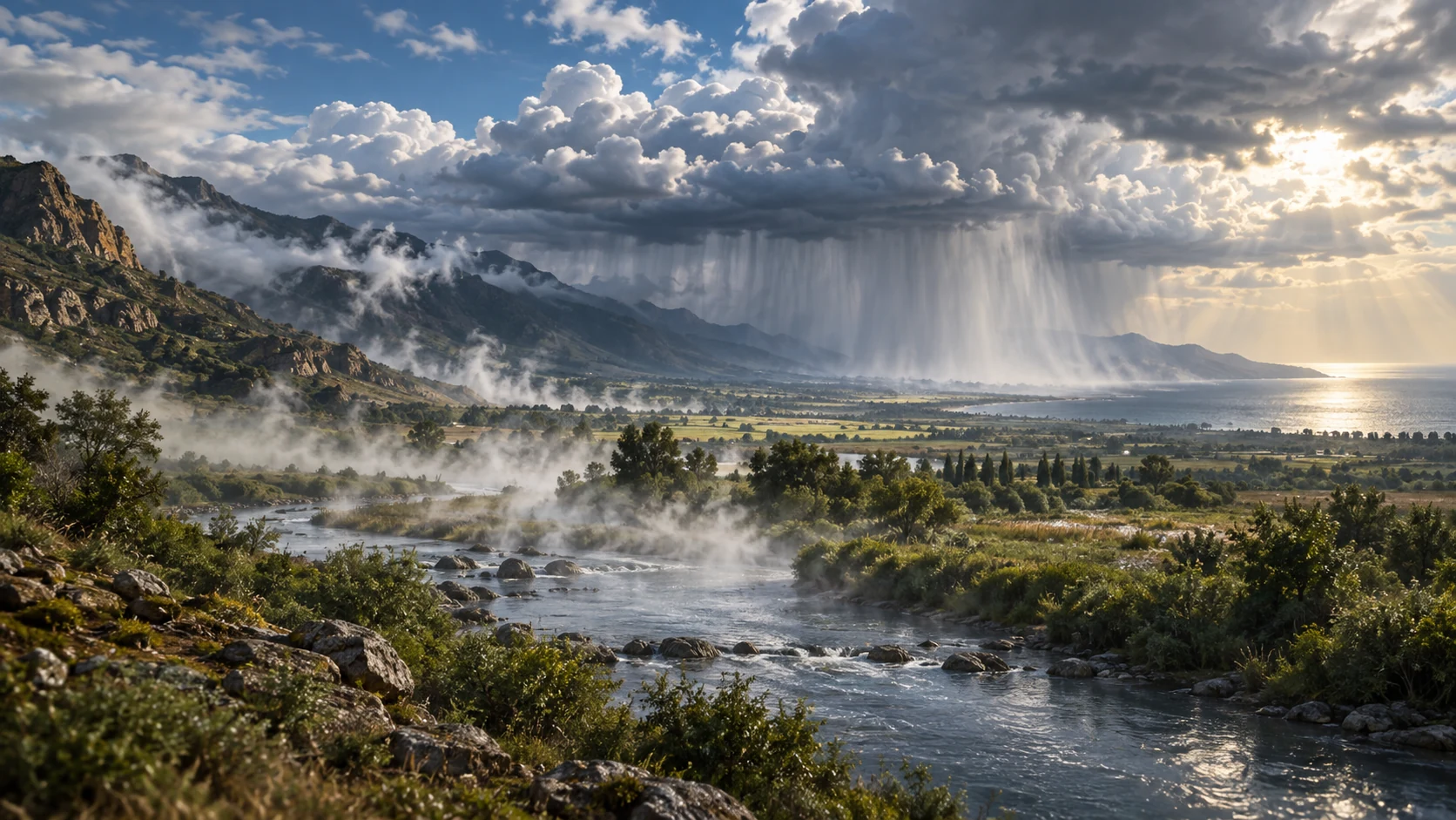 Rain descends across a wide river plain while mist gathers over the mountains.