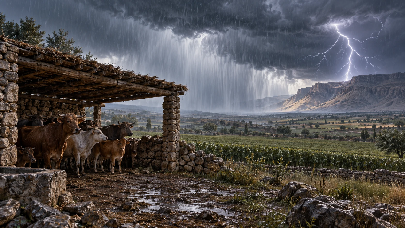 Livestock shelter beneath a timber roof as lightning and rain cross the valley.