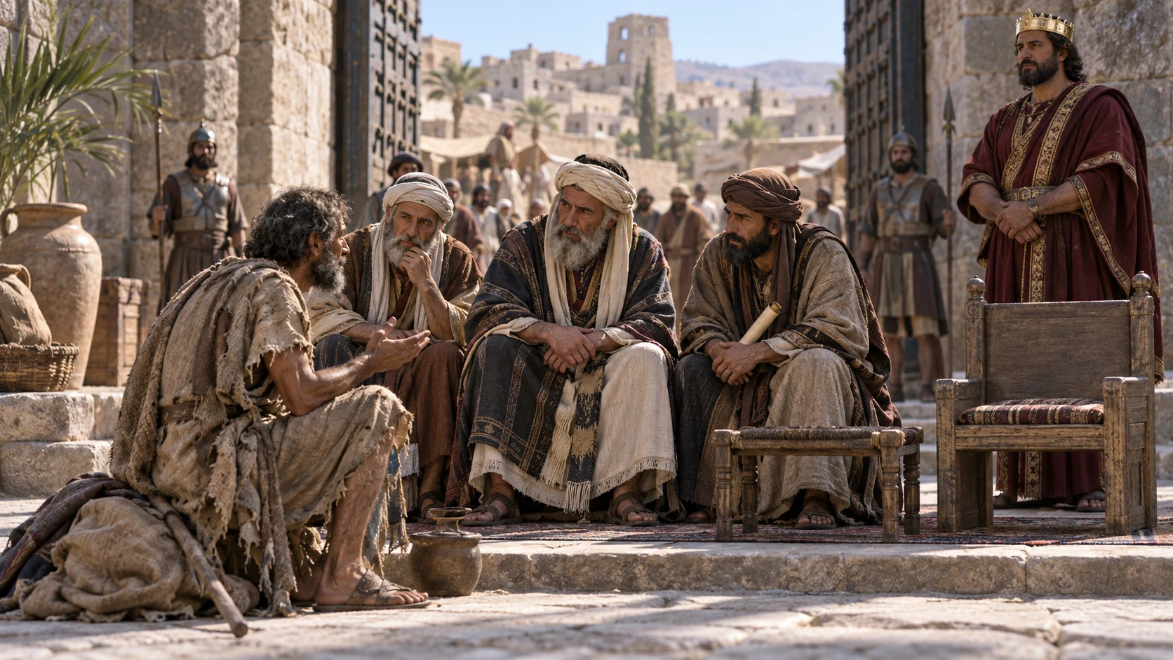 Afflicted Job listens as Elihu reasons before the elders near a city gate.