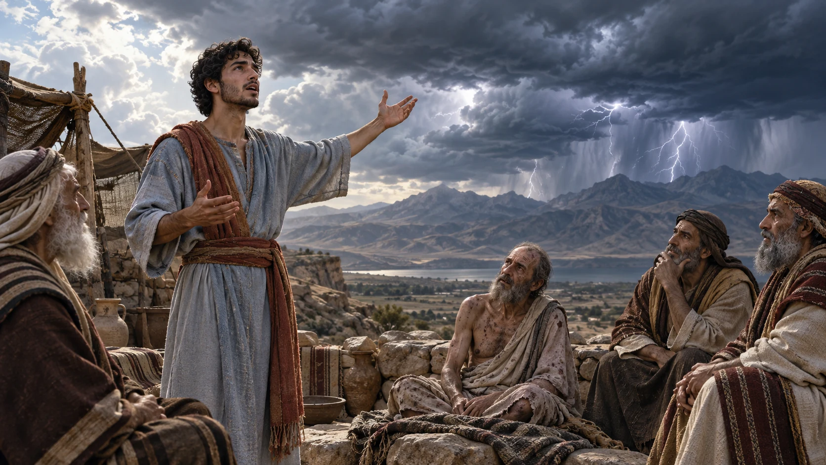 Elihu gestures toward a thunderstorm while afflicted Job and the three friends listen.