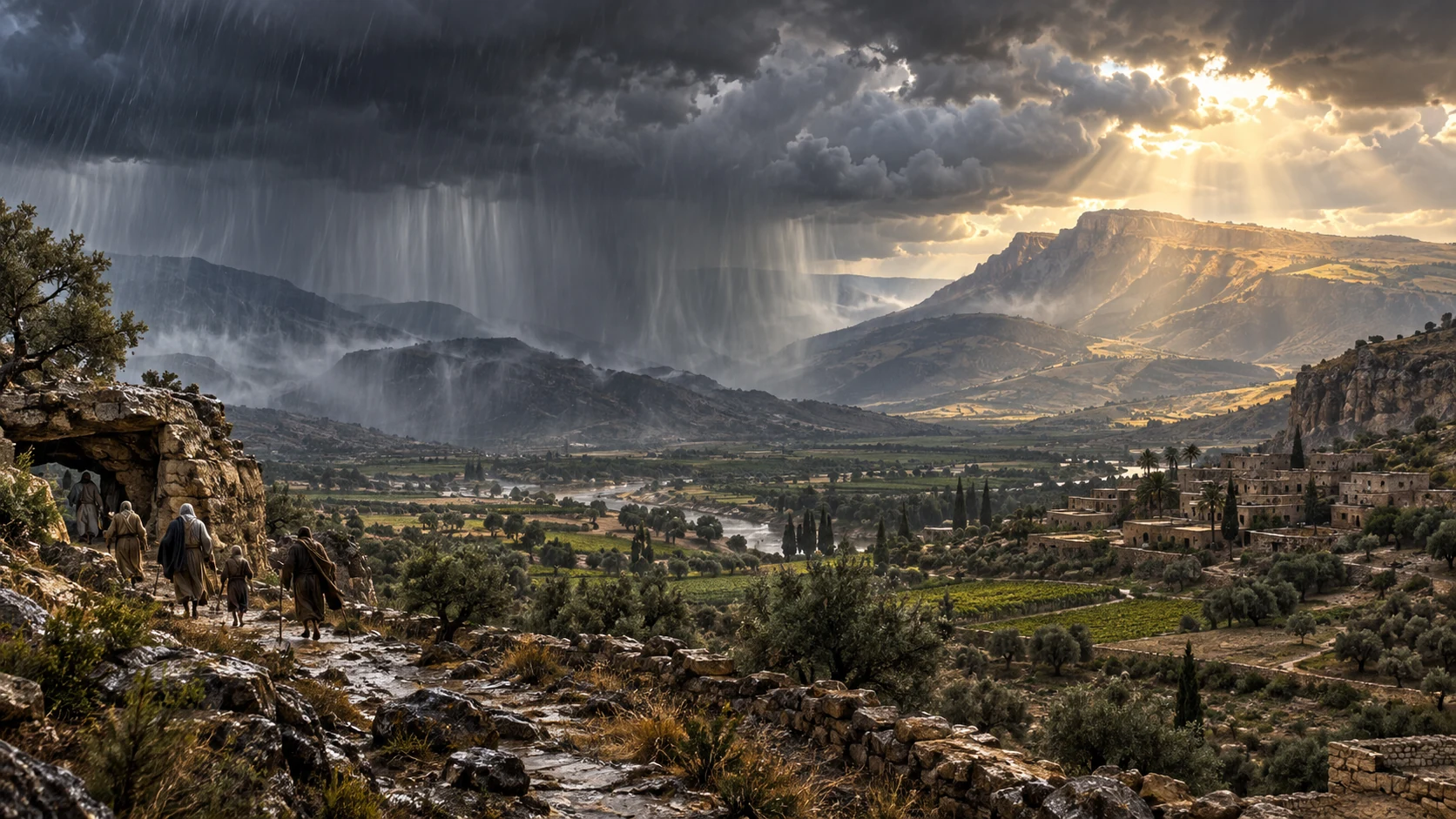 Heavy rain moves across one valley while sunlight reaches another distant ridge.