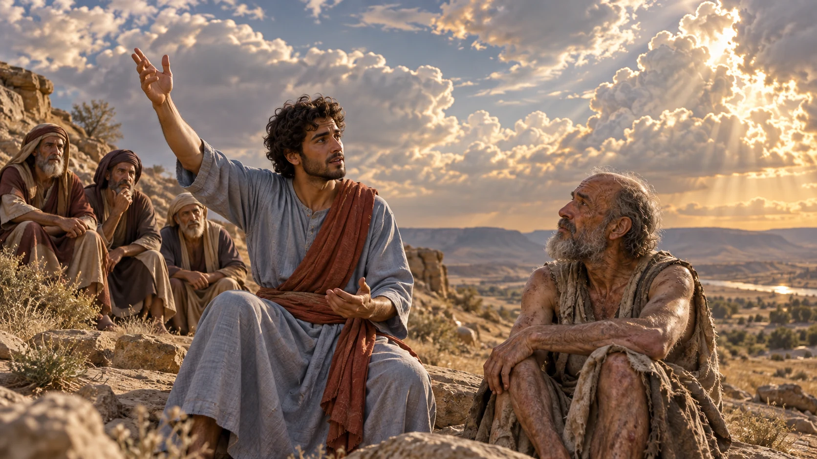 Elihu points toward brilliant clouds while Job listens beneath a bronze-colored summer sky.
